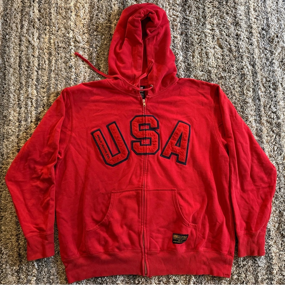 VTG Y2K Polo Jeans Co Ralph Lauren USA Spell Out Hoodie Red XXL Zip Up